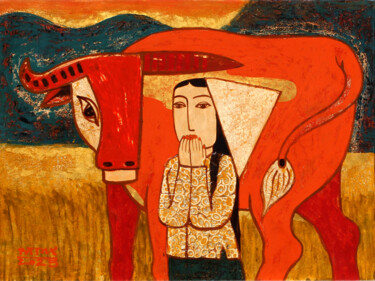"Children Herding Bu…" başlıklı Tablo Du Bui Trong tarafından, Orijinal sanat, Lake Ahşap panel üzerine monte edilmiş