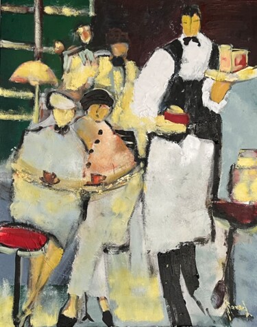 Schilderij getiteld "Le serveur du café…" door Marie Rouach, Origineel Kunstwerk, Acryl Gemonteerd op Frame voor houten bran…