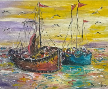Картина под названием "Barche al tramonto" - Bruno Bifulco, Подлинное произведение искусства, Акрил