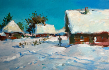 Clearing snow from the yard Картина под названием "Clearing snow from…" - Yuriy Suprunchuk, Подлинное произведение искусства, Масло Установлен на Деревя…