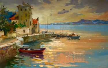Orange sunset in the sea 제목이 "Orange sunset in th…"인 미술작품 Yuriy Suprunchuk로, 원작, 기름 판지에 장착됨