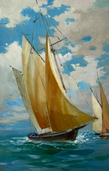 Malarstwo zatytułowany „Sailboats at sea” autorstwa Yuriy Suprunchuk, Oryginalna praca, Olej Zamontowany na Karton