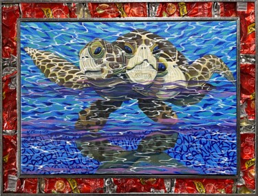 绘画 标题为“Aqua Turtles” 由Laurent Messager, 原创艺术品, 油 安装在木质担架架上