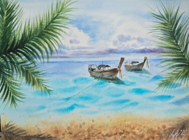Painting titled "Longtail by the Sho…" by Nataliya Gulina, Original Artwork, Watercolor