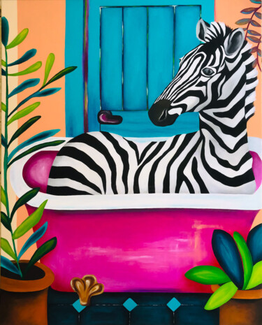 ZeBrA iN tHe BaTh Painting titled "ZeBrA iN tHe BaTh" by Christina Bilbili, Original Artwork, Acrylic