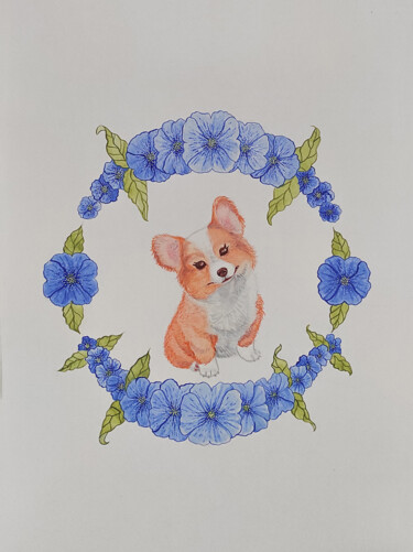 Σχέδιο με τίτλο "Corgi with Delicate…" από Eva Mendas, Αυθεντικά έργα τέχνης, Ακουαρέλα
