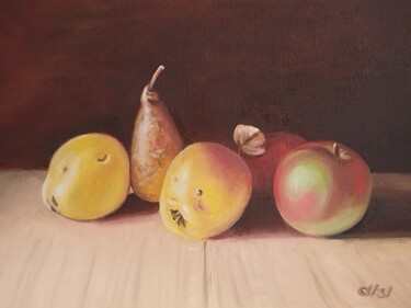 Still Life with Quince, Pear, and Apple Schilderij getiteld "Still Life with Qui…" door Larisa Sidorova (Alsi), Origineel Kunstwerk, Olie Gemonteerd op Frame voor h…