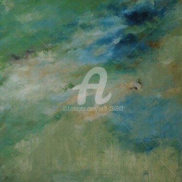 Painting titled "Printemps vert bleu" by Pjc, Original Artwork, Oil Mounted on Wood Stretcher frame
