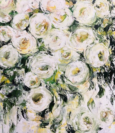 White Roses with Greenery – Original Oil Painting on Canvas Peinture intitulée "White Roses with Gr…" par Anastasia Vorobei, Œuvre d'art originale, Huile Monté sur Châssis en bois
