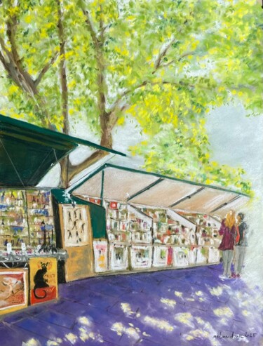 Ζωγραφική με τίτλο "Les bouquinistes su…" από Marie-Christine London, Αυθεντικά έργα τέχνης, Παστέλ