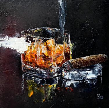 Whiskey and cigar 3 绘画 标题为“Whiskey and cigar 3” 由Volodymyr Nezdiimynoha, 原创艺术品, 油 安装在木质担架架上