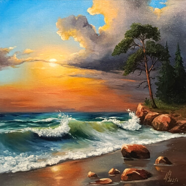 Paysage marin coucher de Soleil sur la mer Painting titled "Paysage marin couch…" by Marina Mamonchik, Original Artwork, Oil Mounted on Cardboard