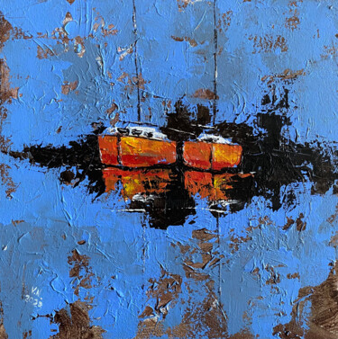 Painting titled "Orange boats" by Volodymyr Nezdiimynoha, Original Artwork, Acrylic Mounted on Wood Stretcher frame