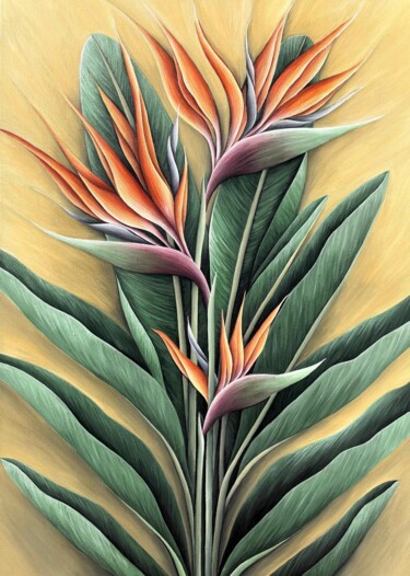 TROPICAL ORANGE STRELITZIA 「TROPICAL ORANGE STR…」というタイトルの絵画 Maria Tuzhilkinaによって, オリジナルのアートワーク, アクリル ウッドストレッチャーフレームにマウント