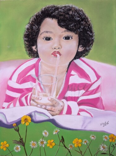 Disegno intitolato "Goûter sur l'herbe" da Magali Steiner, Opera d'arte originale, Pastello