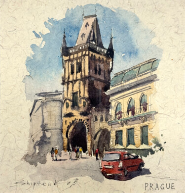 Tower of Prague Картина под названием "Tower of Prague" - Bogdan Shiptenko, Подлинное произведение искусства, Акварель Установлен на картон