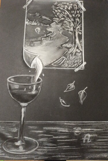 제목이 "La source de vie"인 그림 Christel로, 원작, 파스텔 나무 들것 프레임에 장착됨