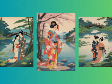 Cherry Blossom Elegance: Japanese Triptych in Ukiyo-e Style 数字艺术 标题为“Cherry Blossom Eleg…” 由Caprice, 原创艺术品, AI生成的图像