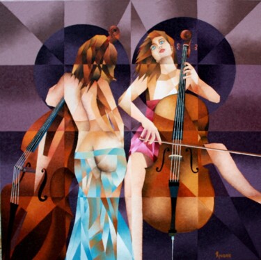 Painting titled "LES DEUX CONTREBASS…" by Jean Rougerie, Original Artwork, Oil