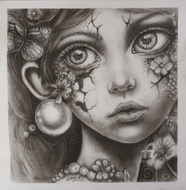 Desenho intitulada "La jeune fille a la…" por Norel, Obras de arte originais, Carvão