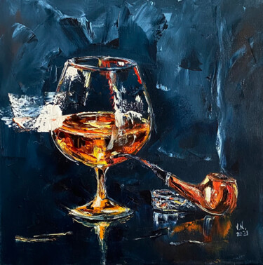 Brandy and smoking pipe Painting titled "Brandy and smoking…" by Volodymyr Nezdiimynoha, Original Artwork, Oil Mounted on Wood Stretcher frame