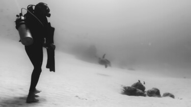 Diver walking underwater with turtle Fotografie mit dem Titel "Diver walking under…" von Robin Mcmarty, Original-Kunstwerk, Digitale Fotografie