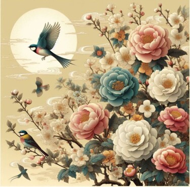 Digitale Kunst mit dem Titel "花鳥風月" von Risa Kitamura, Original-Kunstwerk, KI-generiertes Bild