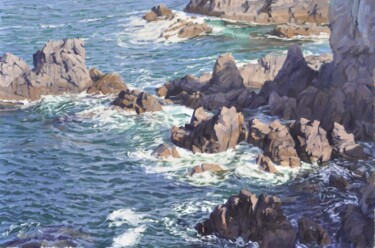 Painting titled "Brittany, rocks" by Anne Baudequin, Original Artwork, Oil Mounted on Wood Stretcher frame