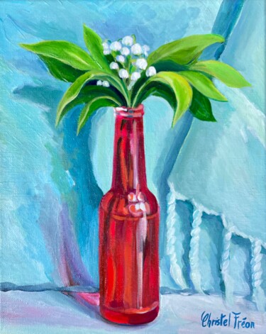 Muguet sauvage à la bouteille rouge Картина под названием "Muguet sauvage à la…" - Christel Fréon, Подлинное произведение искусства, Акрил Установлен на Деревян…