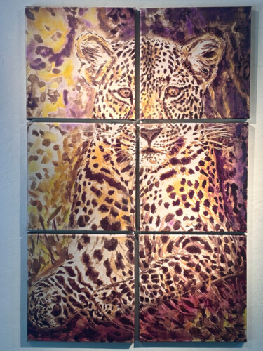 Incisioni, stampe intitolato "Leopard at Sunset" da Jane Mulvaney, Opera d'arte originale, incisione Montato su Telaio per b…