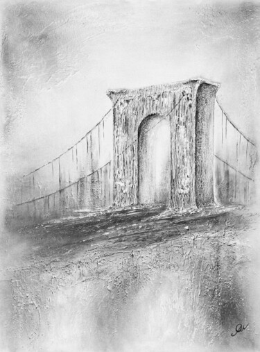 Bridge of Time, acrylic, texture, architecture, black white Painting titled "Bridge of Time, acr…" by Olivia Maro, Original Artwork, Acrylic Mounted on Wood Stretcher frame