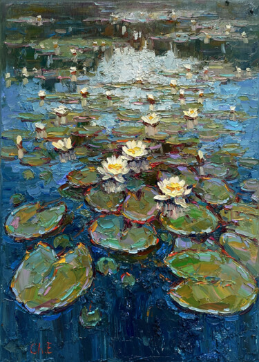 "Water lilies pond.. Картина под названием ""Water lilies pond.." - Evgeny Chernyakovsky, Подлинное произведение искусства, Масло Установлен на Д…