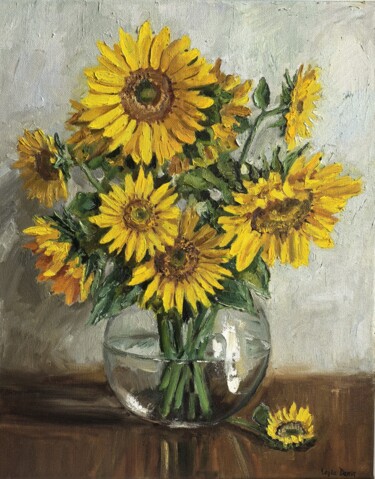 Sunflowers in a Vase. Original still life oil painting Картина под названием "Sunflowers in a Vas…" - Leyla Demir, Подлинное произведение искусства, Масло Установлен на Деревянная…