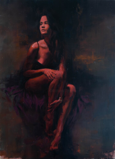Solitude in Crimson Light Pittura intitolato "Solitude in Crimson…" da Romain Eugène, Opera d'arte originale, Olio Montato su Pannello di legno