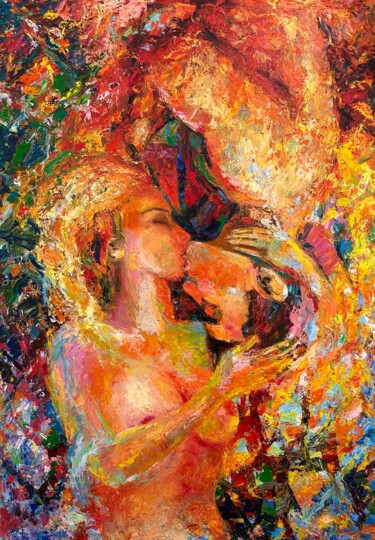 제목이 "«Lovers» A kiss, ma…"인 미술작품 Tatyana Nefedova로, 원작, 기름 나무 들것 프레임에 장착됨