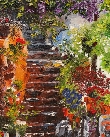 Painting titled "Escalier du bonheur" by Samuel Kouyoumdjian, Original Artwork, Oil Mounted on Wood Stretcher frame
