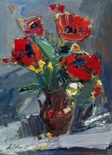 Poppies in Flame Schilderij getiteld "Poppies in Flame" door Mateos Sargsyan, Origineel Kunstwerk, Olie Gemonteerd op Frame voor houten branc…
