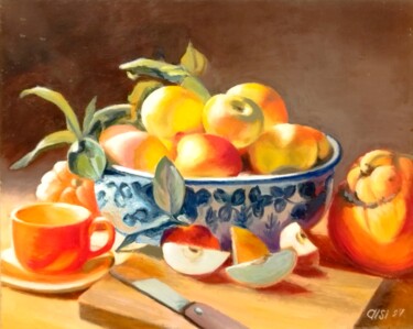 Colors of Autumn: Still Life with Pumpkin and Apples. 绘画 标题为“Colors of Autumn: S…” 由Larisa Sidorova (Alsi), 原创艺术品, 油 安装在木板上