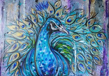 Schilderij getiteld "Paon animal street…" door Cedric Vignon, Origineel Kunstwerk, Acryl Gemonteerd op Frame voor houten bra…