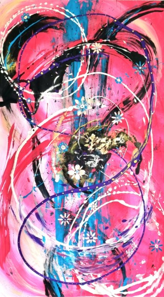 Blooming in Motion on pink,rose,mauve background & black lin 제목이 "Blooming in Motion…"인 미술작품 Elena Swetkov (Lena Zwetik)로, 원작, 아크릴