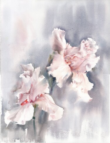 Delicate pink irises on a silver background. 제목이 "Delicate pink irise…"인 미술작품 Alla Prisakar로, 원작, 수채화
