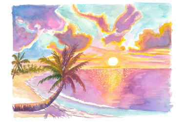 Paradise Shores of Rangiroa Tuamotu French Polynesia with Sw Картина под названием "Paradise Shores of…" - Artshop77, Подлинное произведение искусства, Акварель