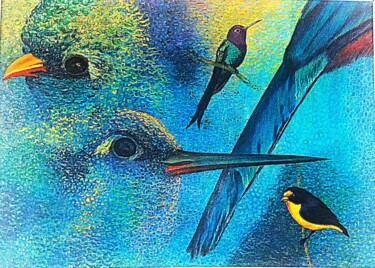 「Pássaros」というタイトルの絵画 Galvãoによって, オリジナルのアートワーク, 顔料 ウッドパネルにマウント