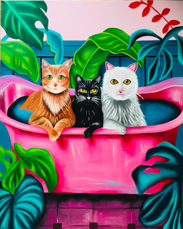 绘画 标题为“CaTs iN tHe BaTh” 由Christina Bilbili, 原创艺术品, 丙烯