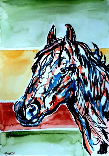 Painting titled "Pferd Mixed Media" by Anne Goldhahn, Original Artwork, Watercolor