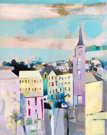 Painting titled "Morning in a Town" by Agnese Kurzemniece, Original Artwork, Acrylic Mounted on Wood Stretcher frame