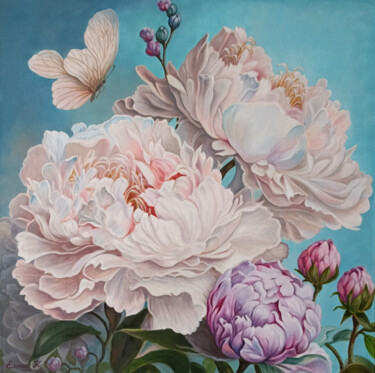 Painting titled "Peonies with a butt…" by Elena Kozyutenko, Original Artwork, Oil Mounted on Wood Stretcher frame