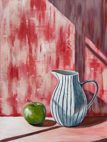 White striped vase with a green apple on a red and white bac Pintura intitulada "White striped vase…" por Fatimie Ashyrova, Obras de arte originais, Acrílico