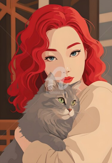 Radiant Woman with Fluffy Cat in Soft Atmosphere Arte digital titulada "Radiant Woman with…" por Caprice, Obra de arte original, Imagen generada por IA