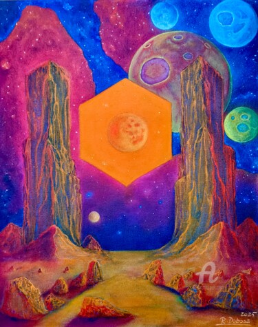 Schilderij getiteld "The Sixth Portal" door Rafal Dobosz, Origineel Kunstwerk, Olie Gemonteerd op Frame voor houten brancard